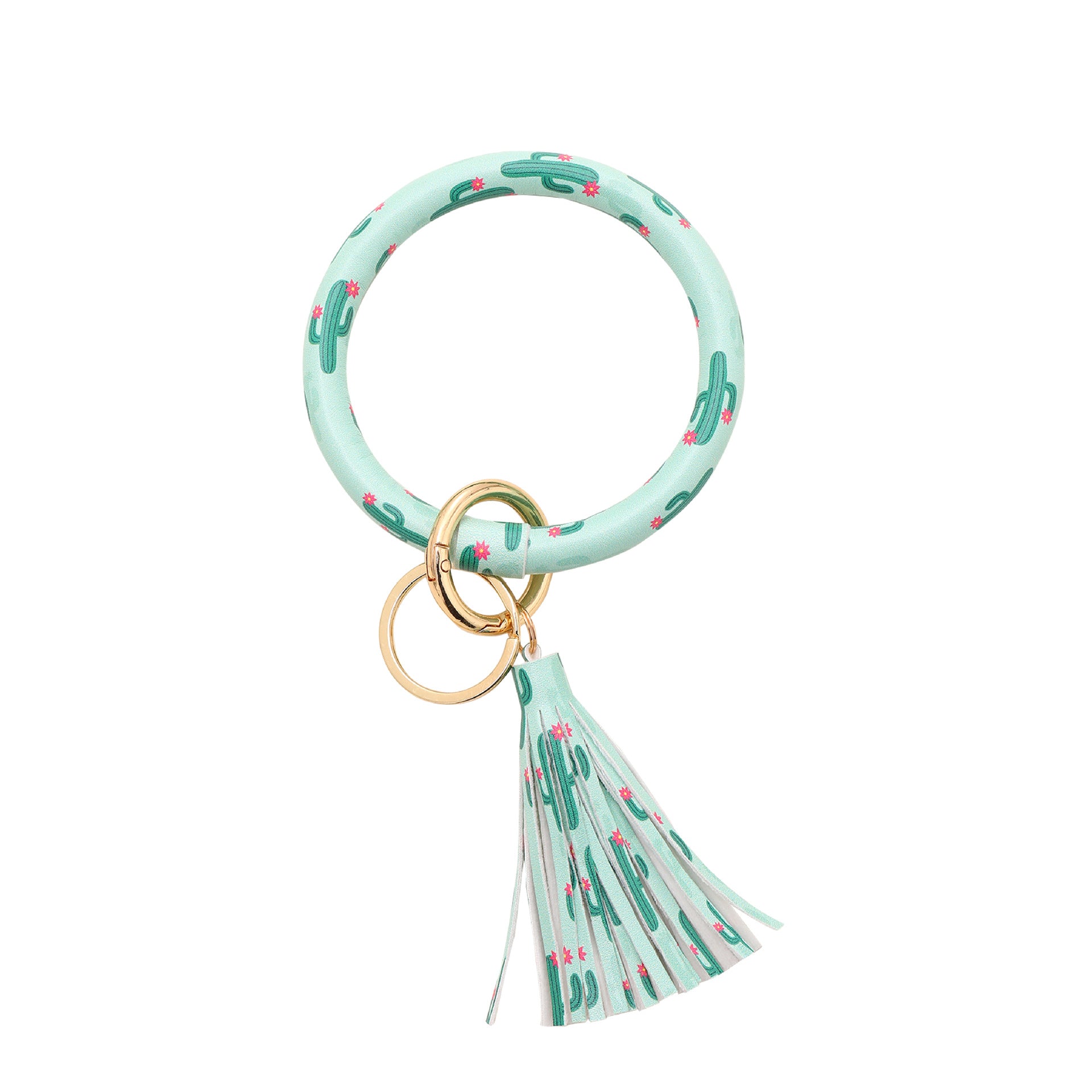 Wholesale Green Leather Cactus Print Rubber Tube Tassel Keychains